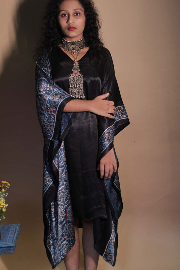 Sitaara | Ajrakh Modal Kaftan | Noir with Blue