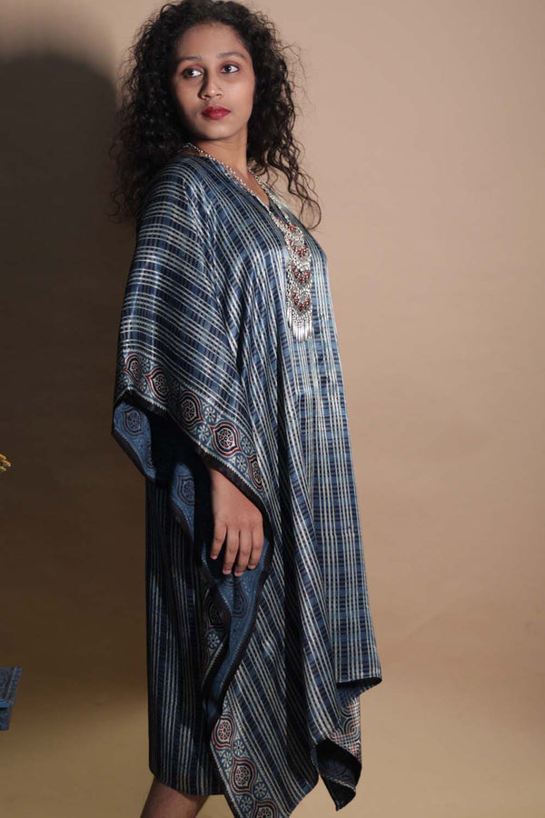 Sitaara | Ajrakh Modal Kaftan | Navy-Noir Stripes