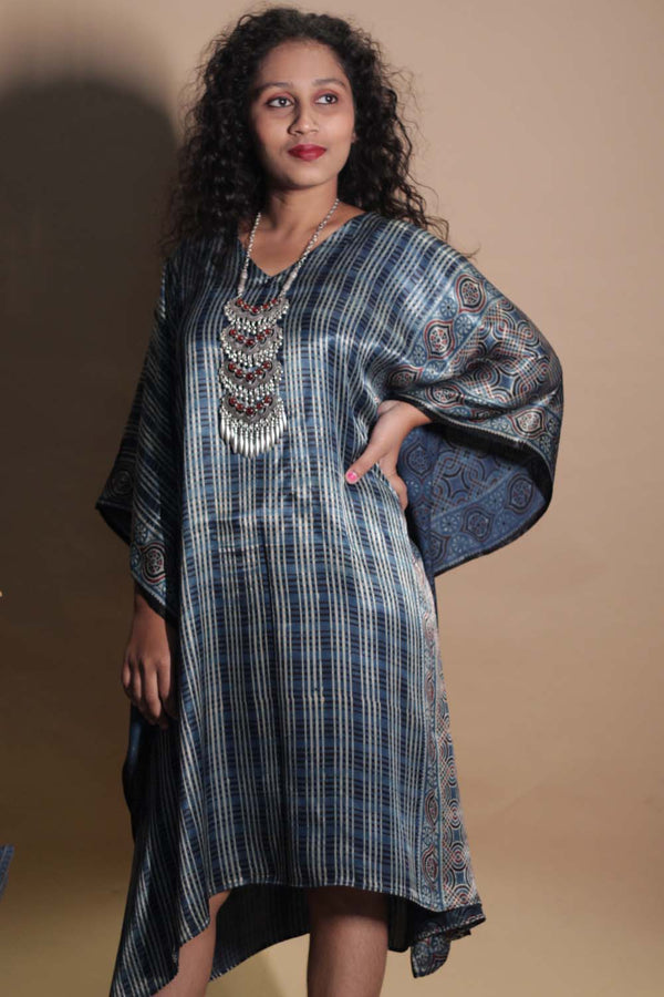 Sitaara | Ajrakh Modal Kaftan | Navy-Noir Stripes