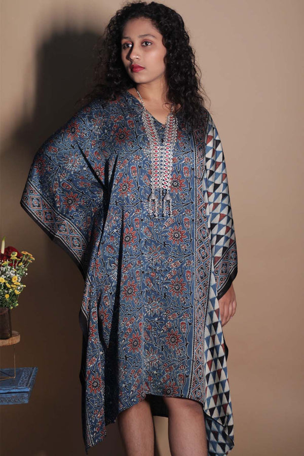 Sitaara | Ajrakh Modal Kaftan Dress | Blue Floral Trikon