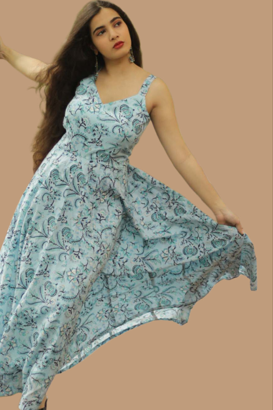 Tarangini | Long Kali Dress | Blue Sanganeri