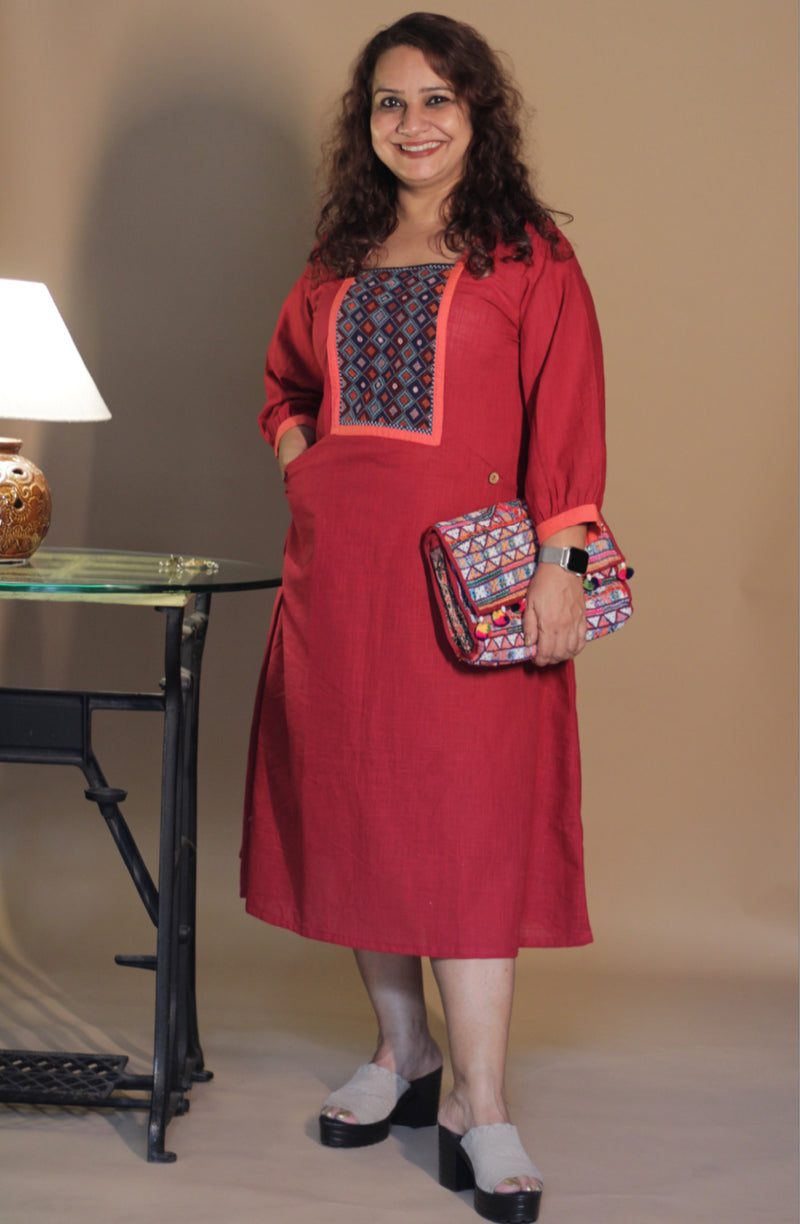 RannRupika | Embroidered Midi Dress | Red