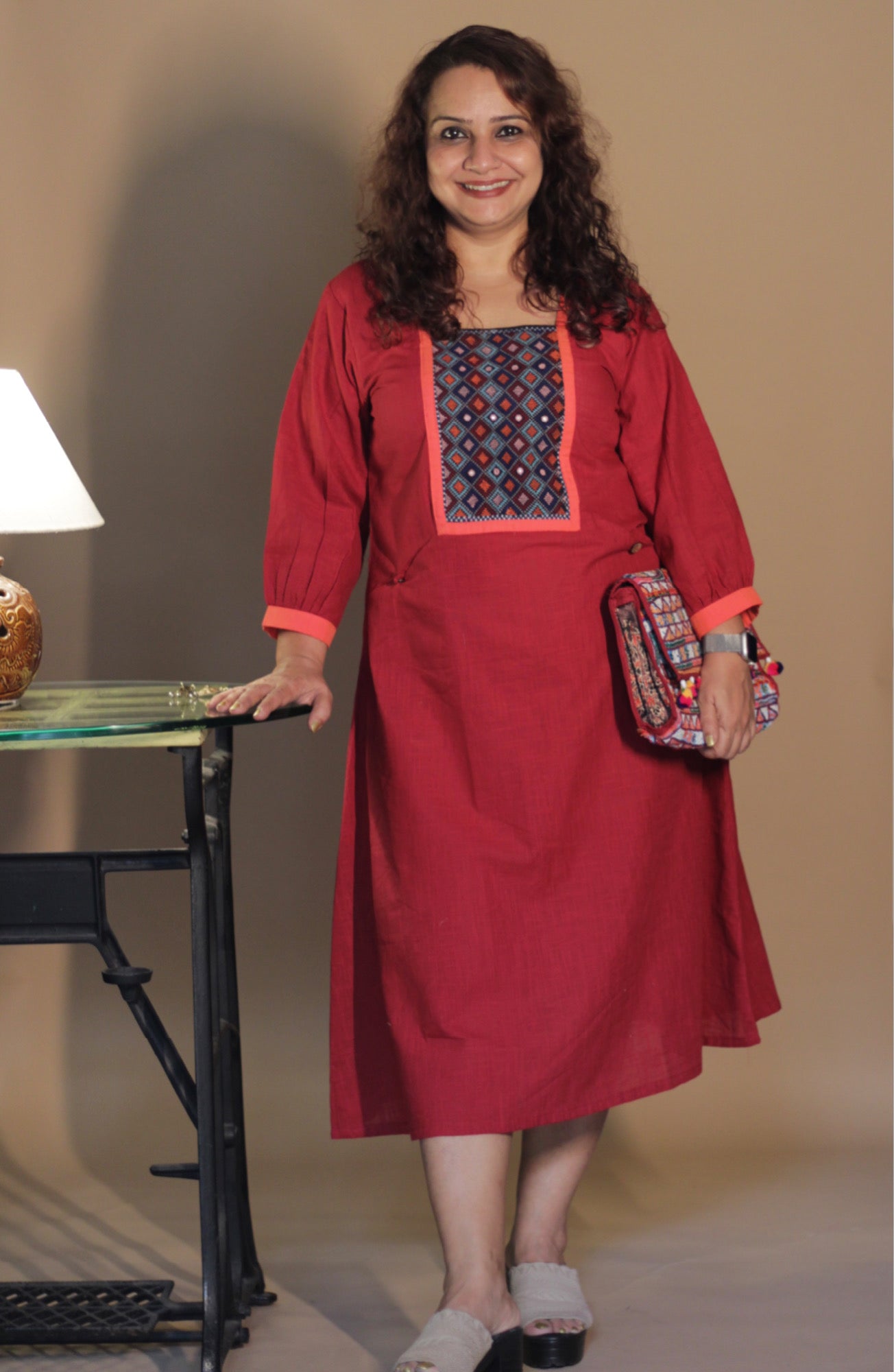 RannRupika | Embroidered Midi Dress | Red