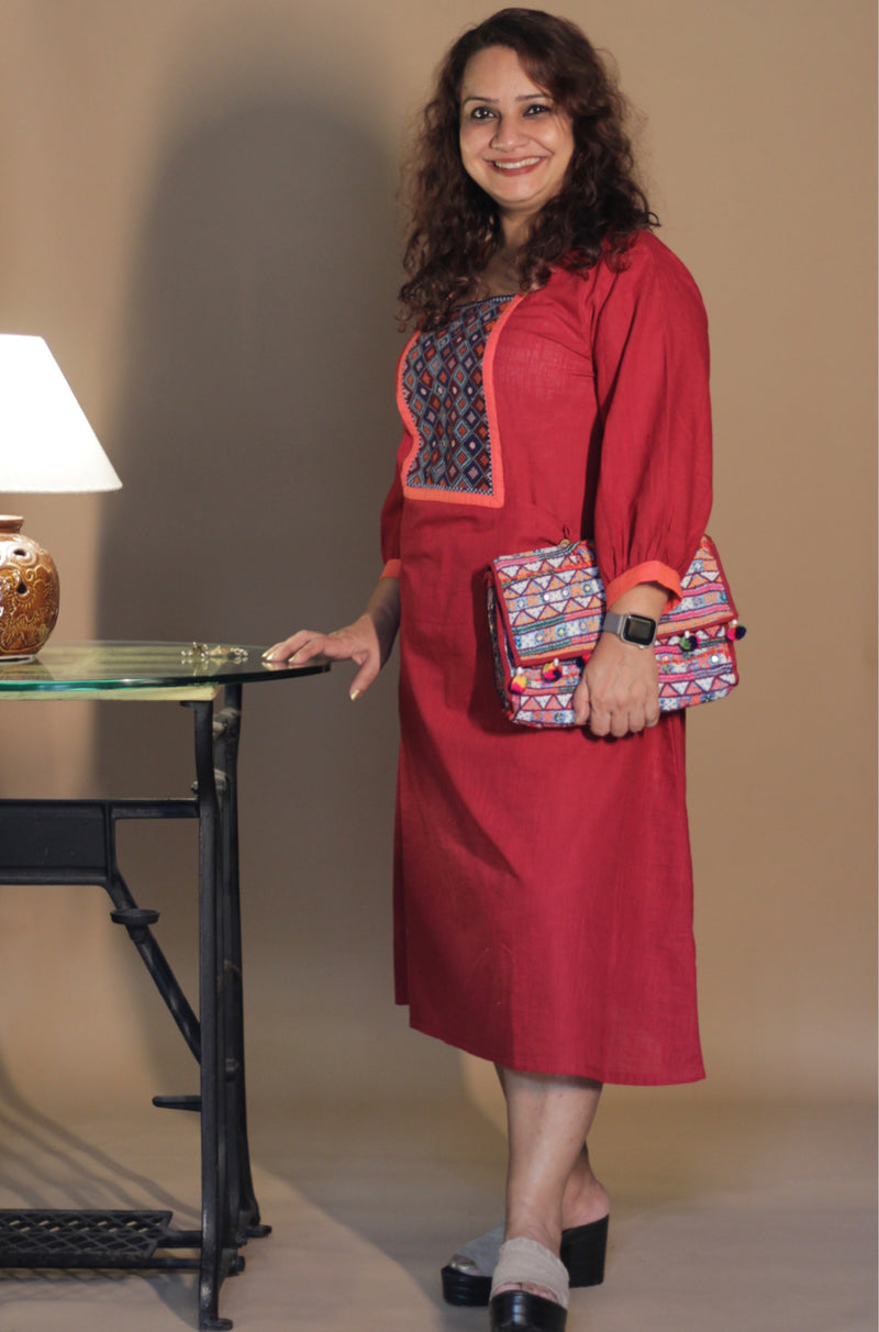 RannRupika | Embroidered Midi Dress | Red