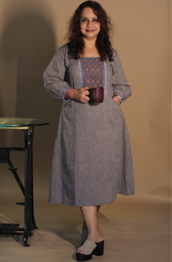 RannRupika | Embroidered Midi Dress | Grey