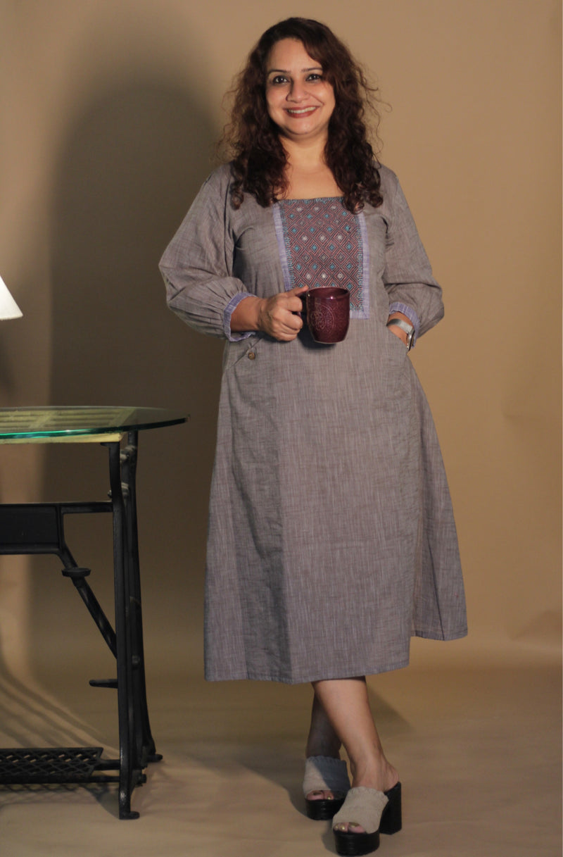 RannRupika | Embroidered Midi Dress | Grey