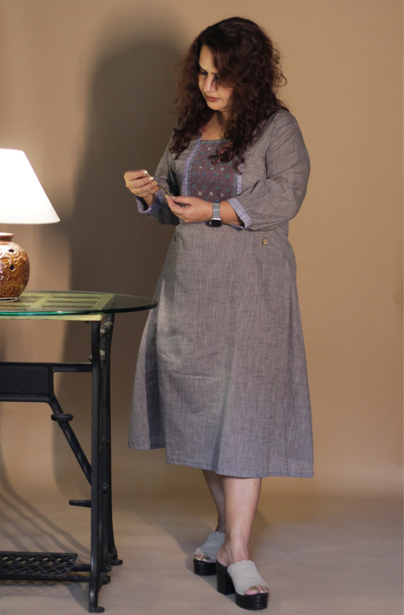 RannRupika | Embroidered Midi Dress | Grey