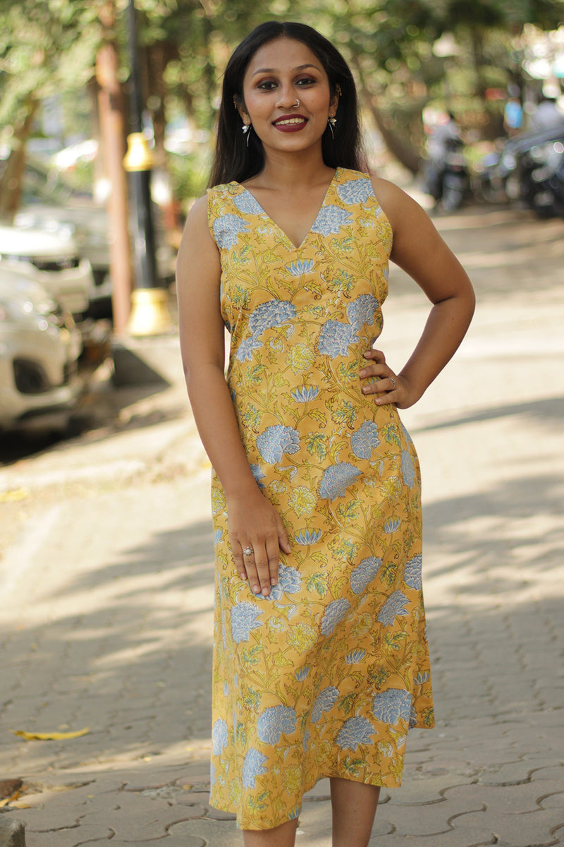 Kusumita | Midi Dress | Blue Blooms in Yellow Sanganeri