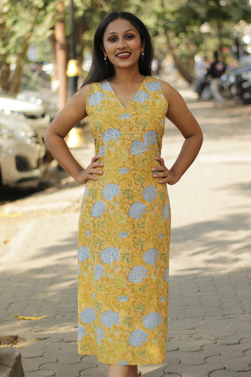 Kusumita | Midi Dress | Blue Blooms in Yellow Sanganeri