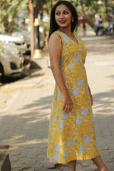 Kusumita | Midi Dress | Blue Blooms in Yellow Sanganeri