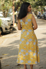 Kusumita | Midi Dress | Blue Blooms in Yellow Sanganeri