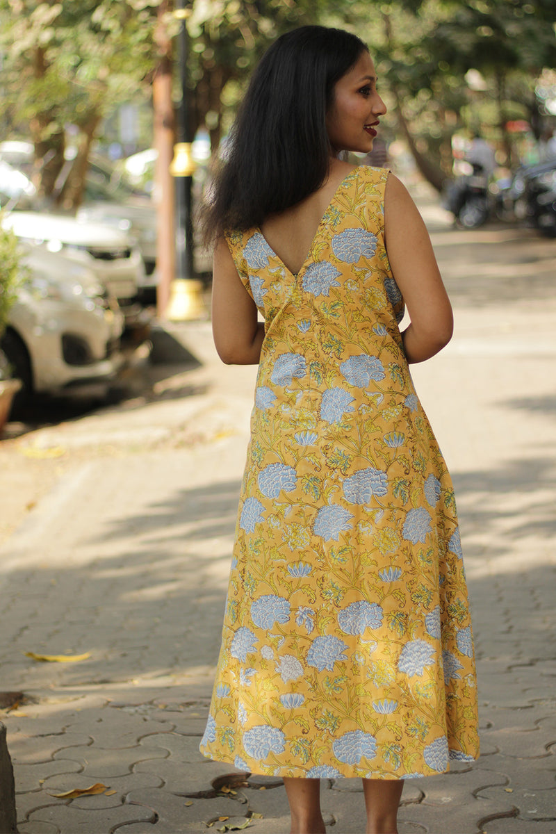 Kusumita | Midi Dress | Blue Blooms in Yellow Sanganeri