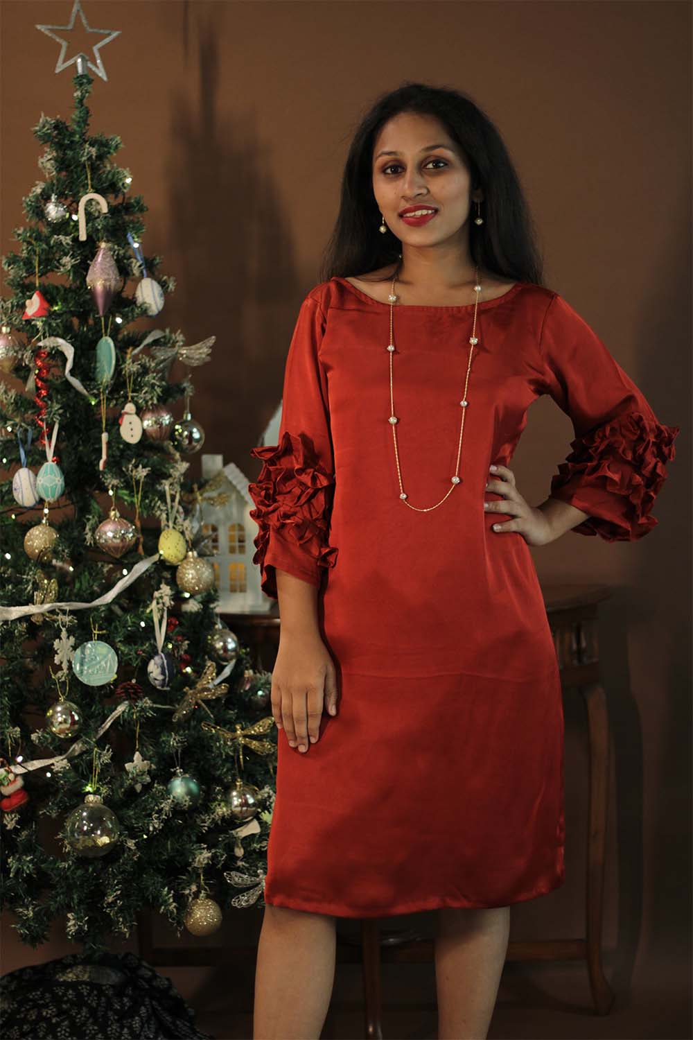 Diva | Frill Sleeves Modal Dress | Red