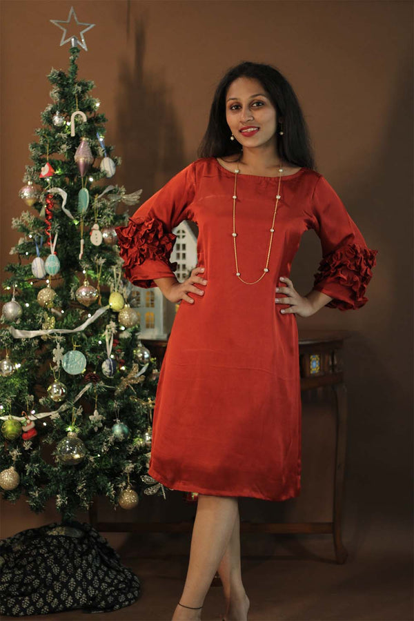 Diva | Modal Silk Short Dress with Frill Detail on Sleeves| Red