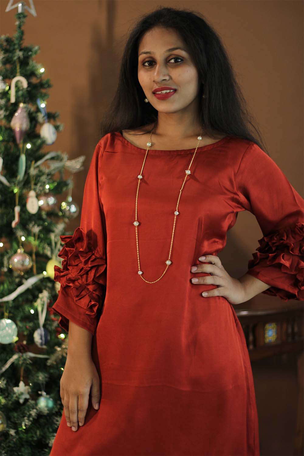 Diva | Frill Sleeves Modal Dress | Red