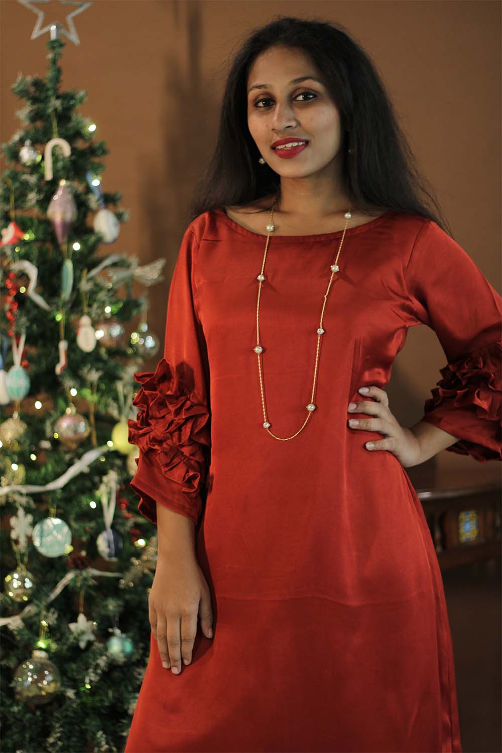 Diva | Frill Sleeves Modal Dress | Red