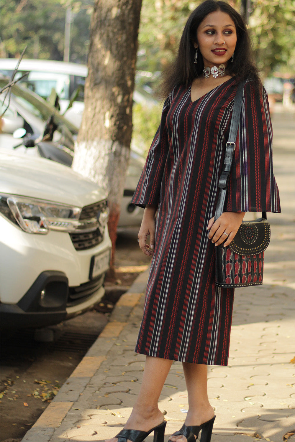 Diva | Bell Sleeves Dress | Noir Stripes