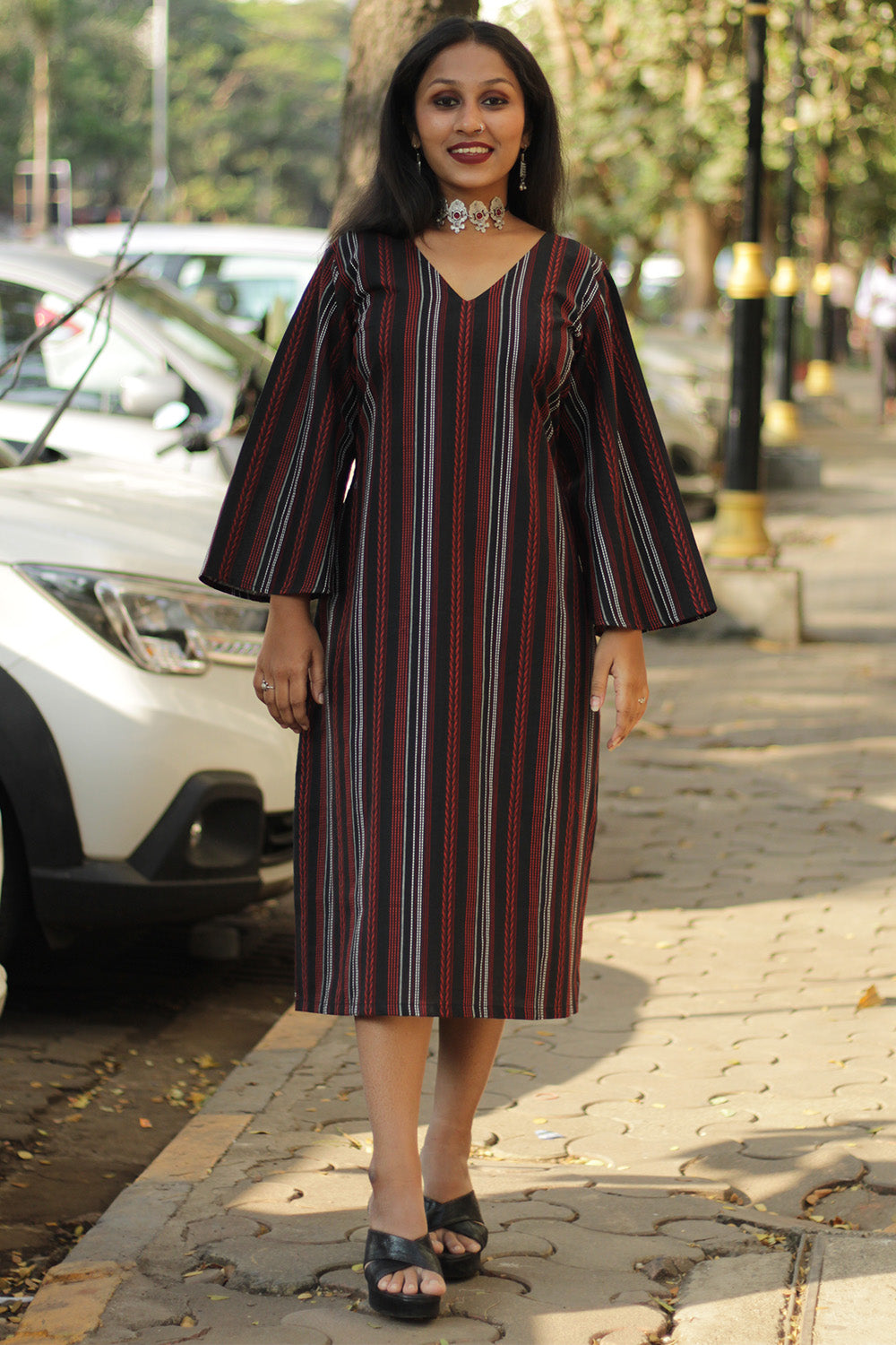 Diva | Bell Sleeves Dress | Noir Stripes
