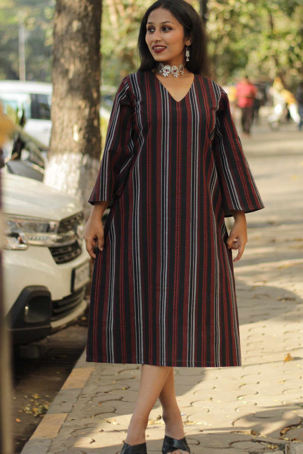 Diva | Bell Sleeves Dress | Noir Stripes