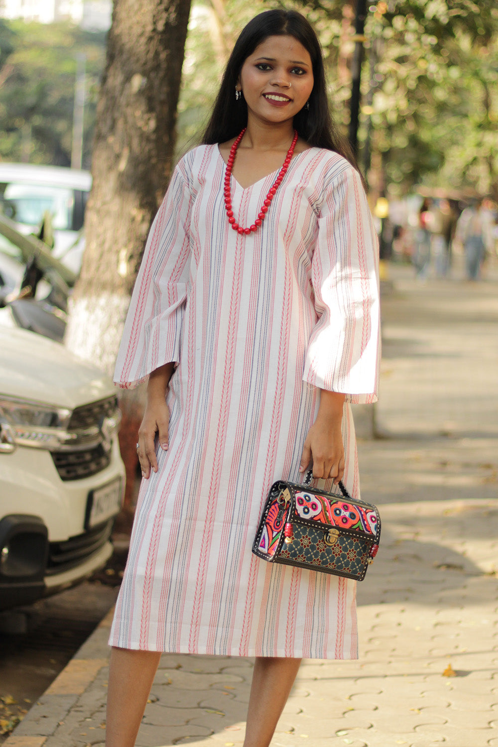 Diva | Bell Sleeves Dress | White & Red Stripes