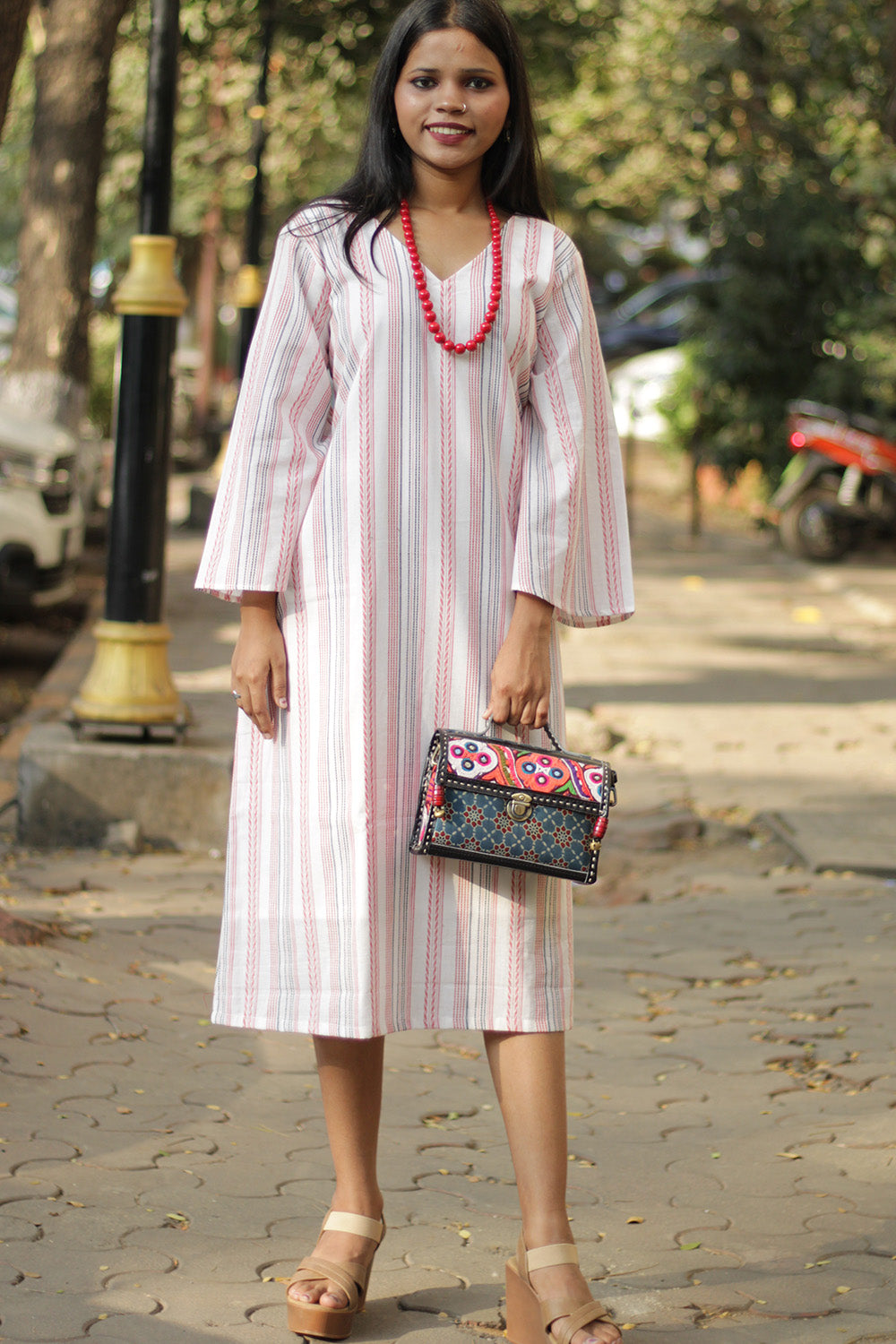 Diva | Bell Sleeves Dress | White & Red Stripes