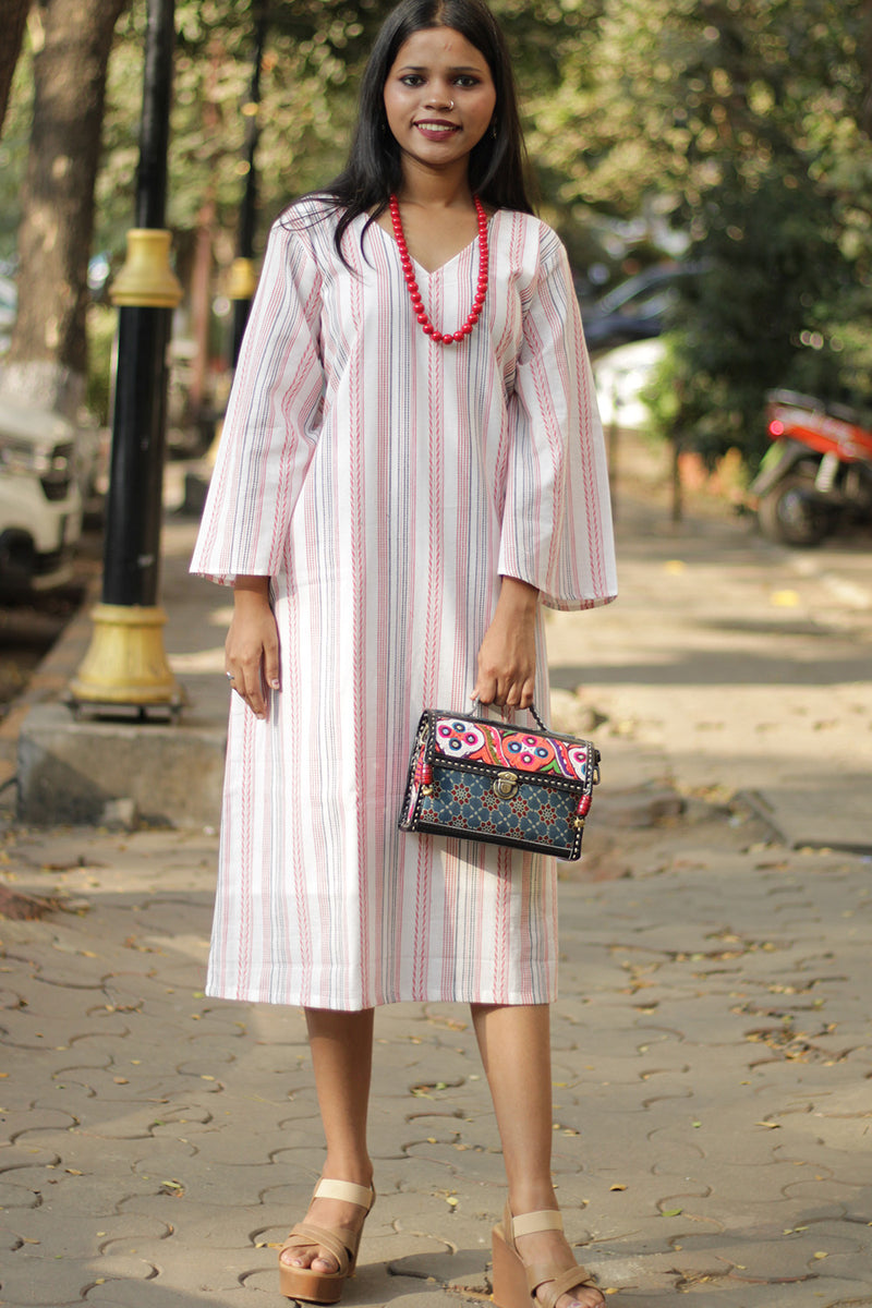 Diva| Bell Sleeves Dress | White & Red Stripes
