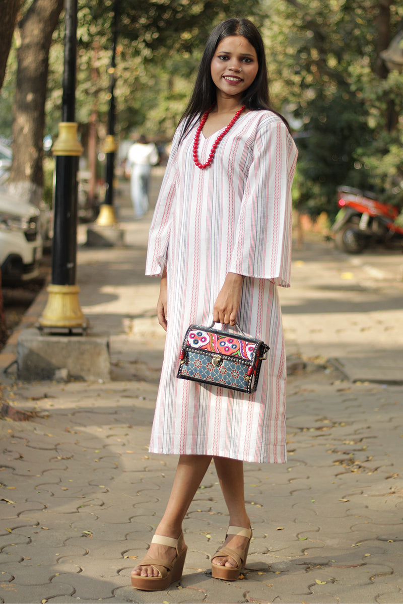 Diva| Bell Sleeves Dress | White & Red Stripes