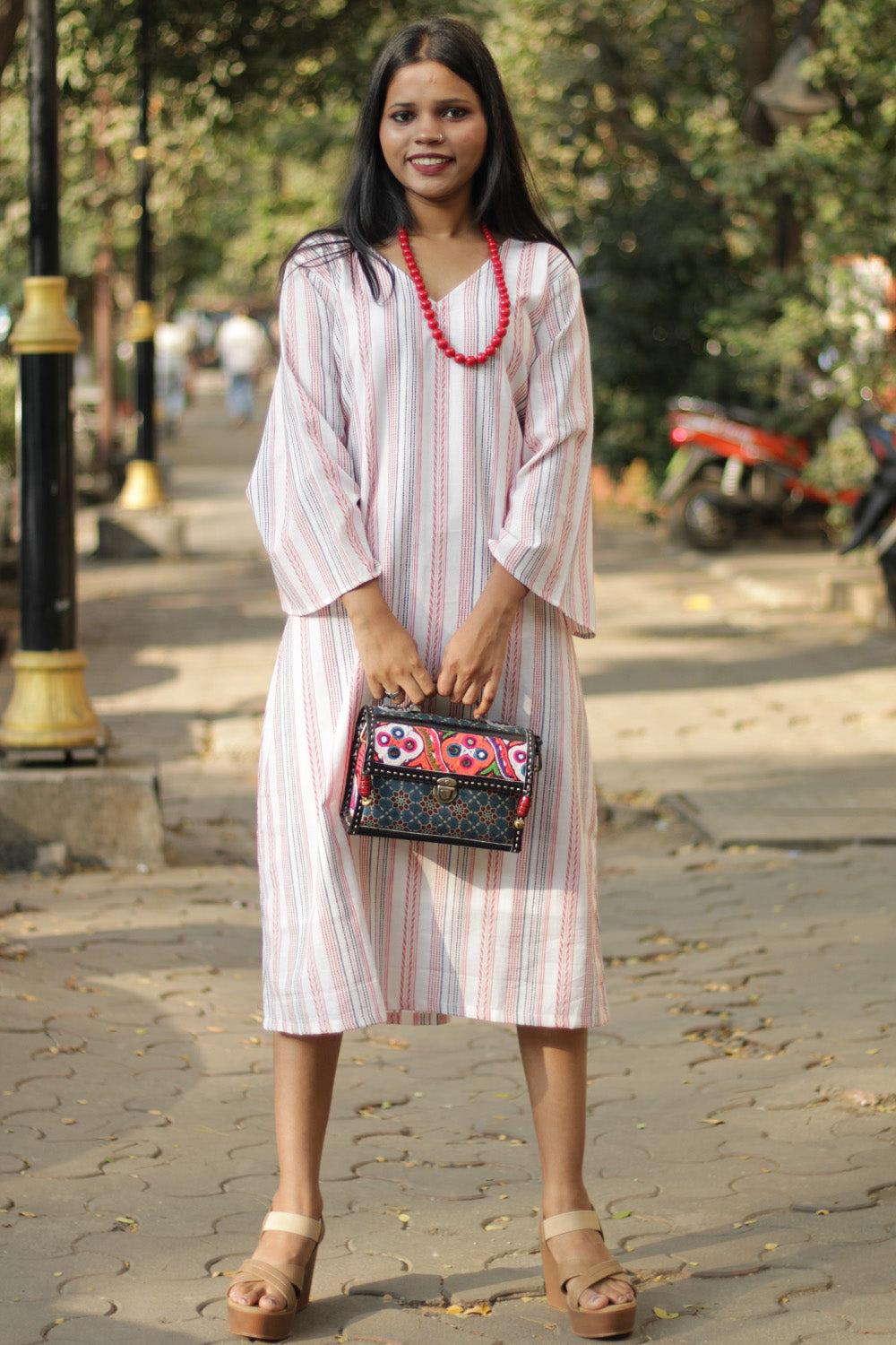 Diva | Bell Sleeves Dress | White & Red Stripes