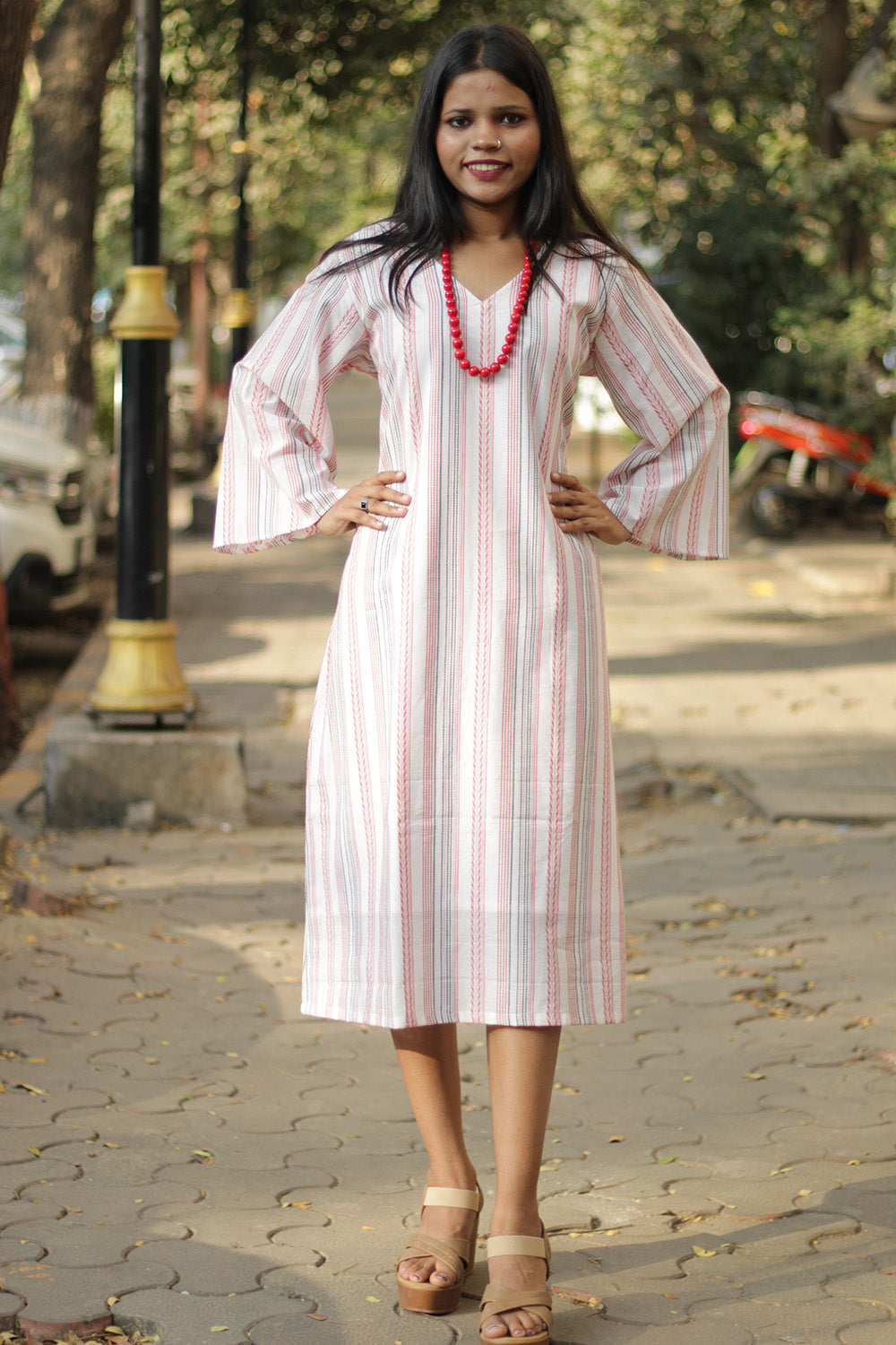 Diva | Bell Sleeves Dress | White & Red Stripes
