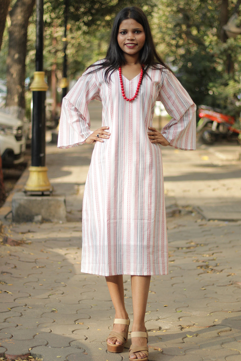 Diva| Bell Sleeves Dress | White & Red Stripes
