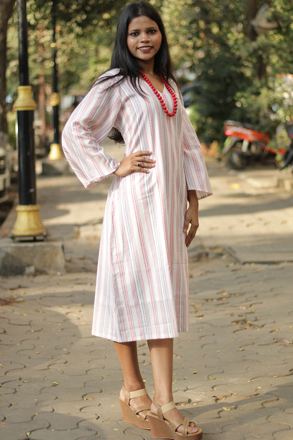 Diva | Bell Sleeves Dress | White & Red Stripes