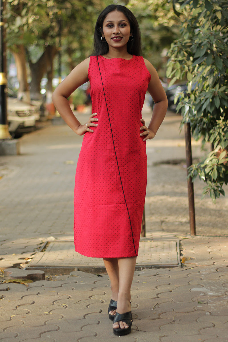 Sleeveless Midi Dress | Rouge with Noir Piping