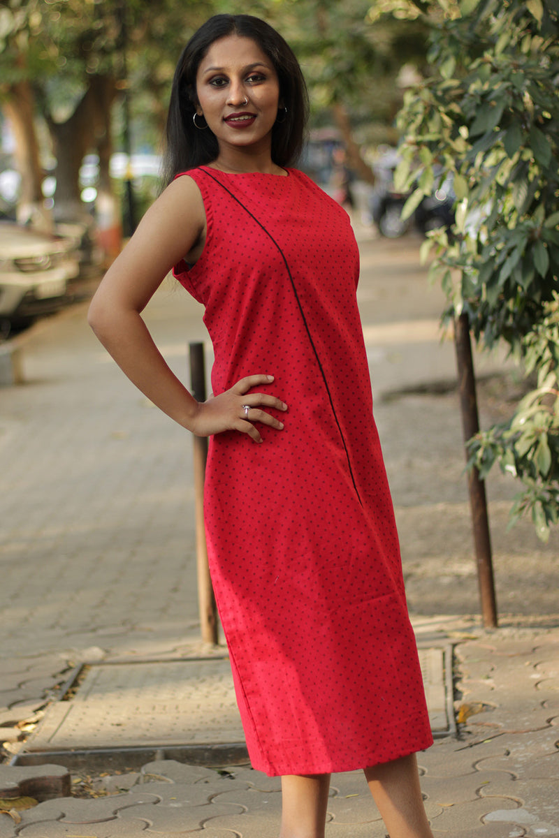Sleeveless Midi Dress | Rouge with Noir Piping