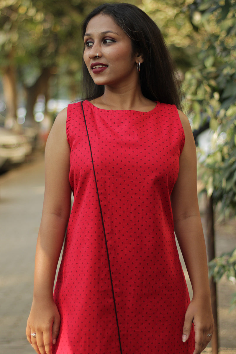 Sleeveless Midi Dress | Rouge with Noir Piping