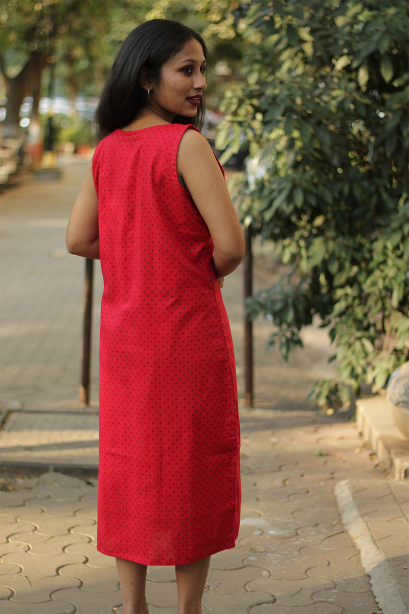 Sleeveless Midi Dress | Rouge with Noir Piping