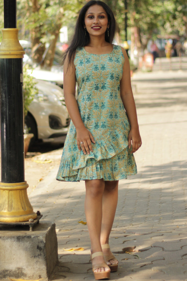 Manchali  | Frilled Dress | Sage Green Sanganeri