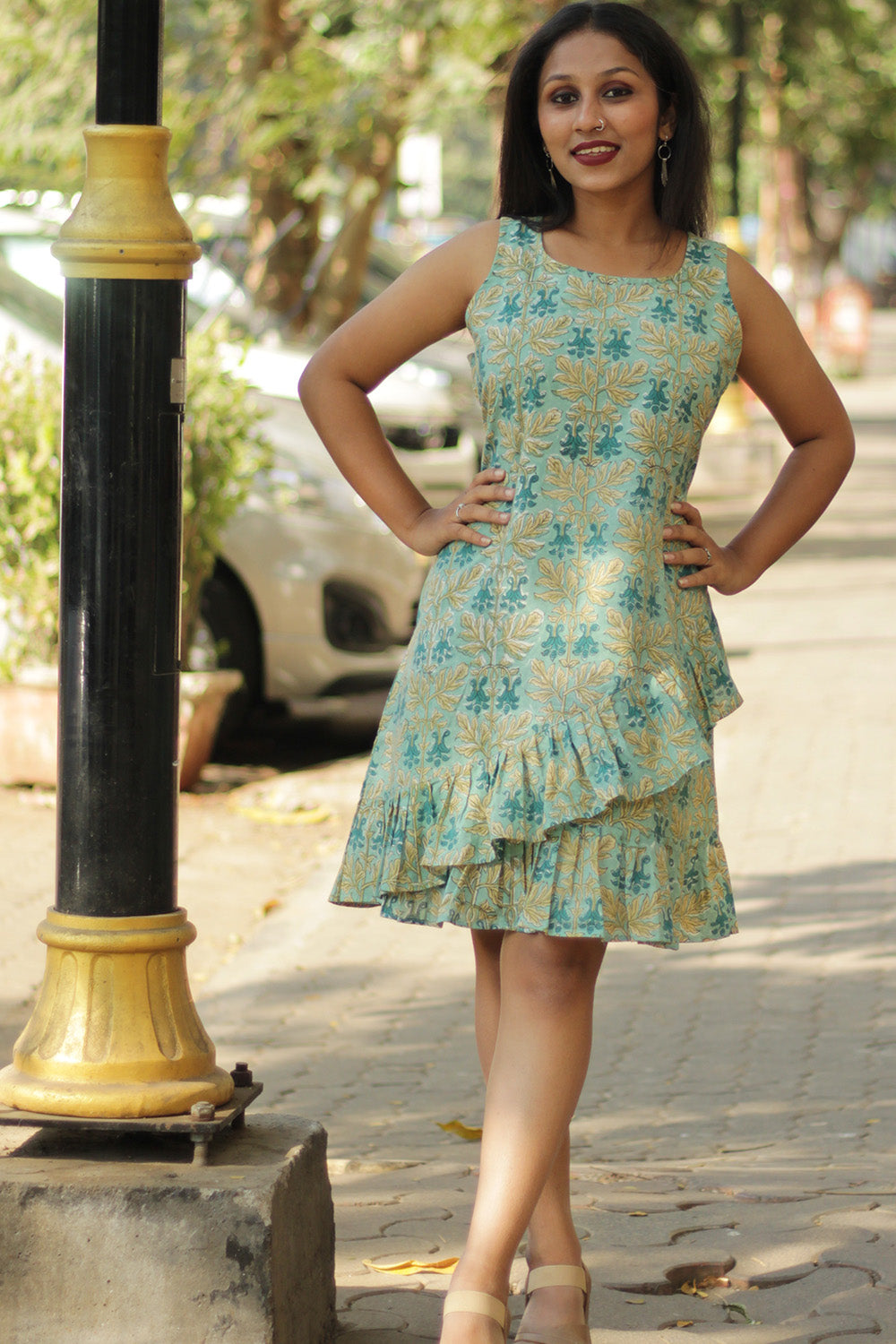 Manchali  | Frilled Dress | Sage Green Sanganeri