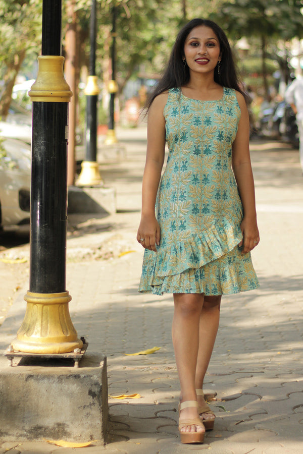 Manchali  | Frilled Dress | Sage Green Sanganeri