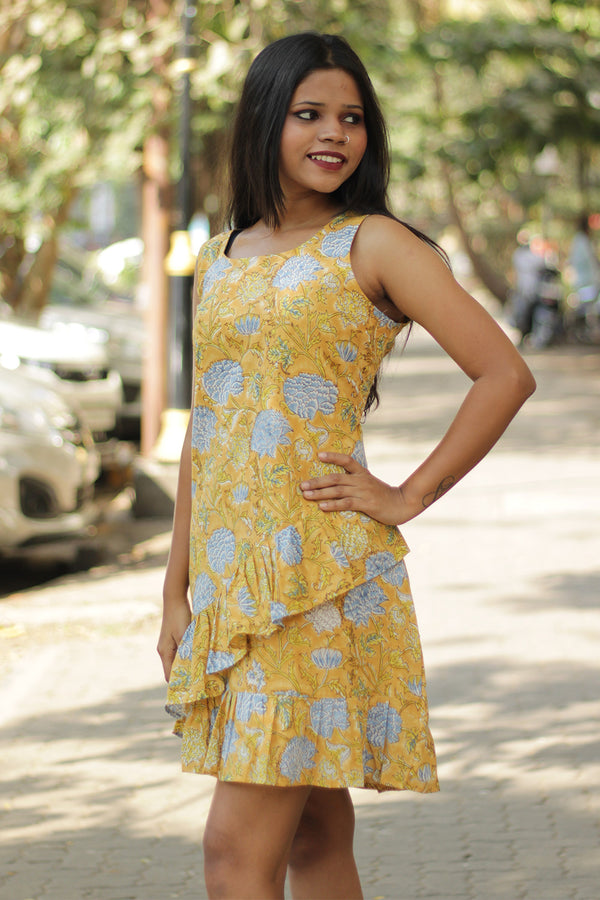 Manchali | Frilled Dress | Sunshine Yellow & Blue Blooms Sanganeri