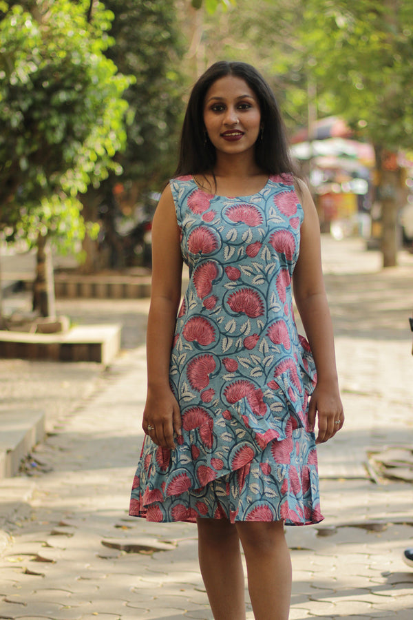 Manchali | Frilled Dress | Blue & Red Florals Sanganeri