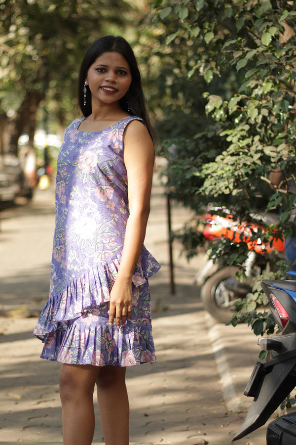 Manchali | Frilled Dress | Purple & Pink Sanganeri