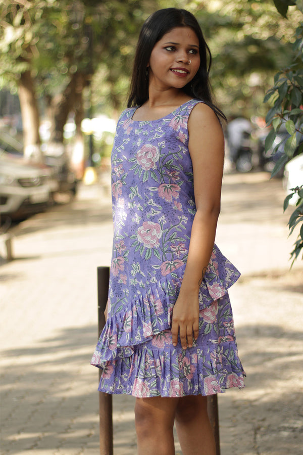 Manchali | Frilled Dress | Purple & Pink Sanganeri