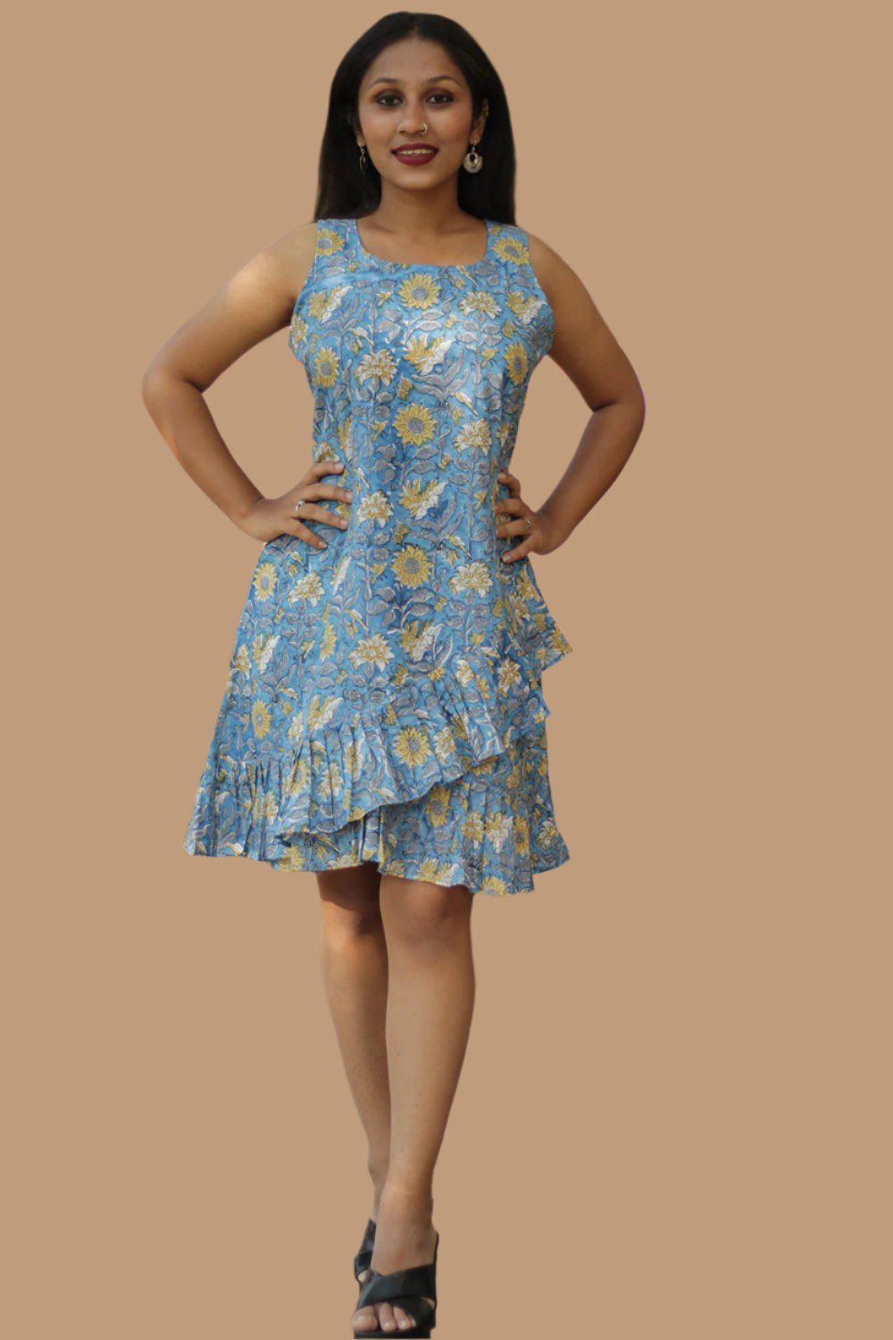 Manchali | Frilled Dress | Blue & Yellow Floral Sanganeri