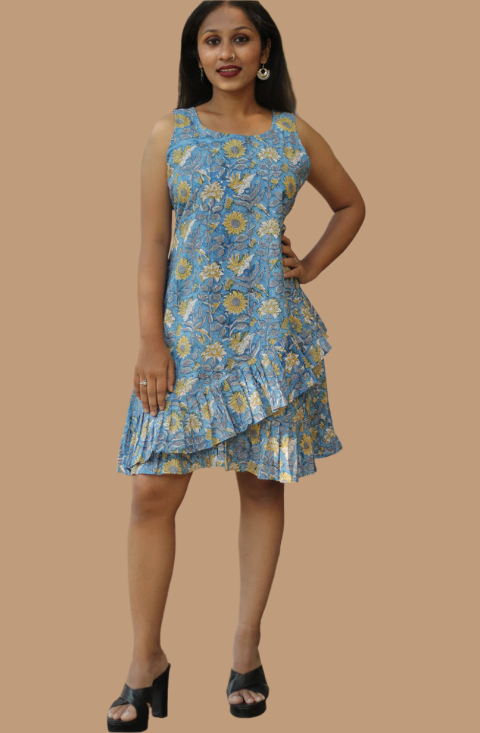 Manchali | Frilled Dress | Blue & Yellow Floral Sanganeri