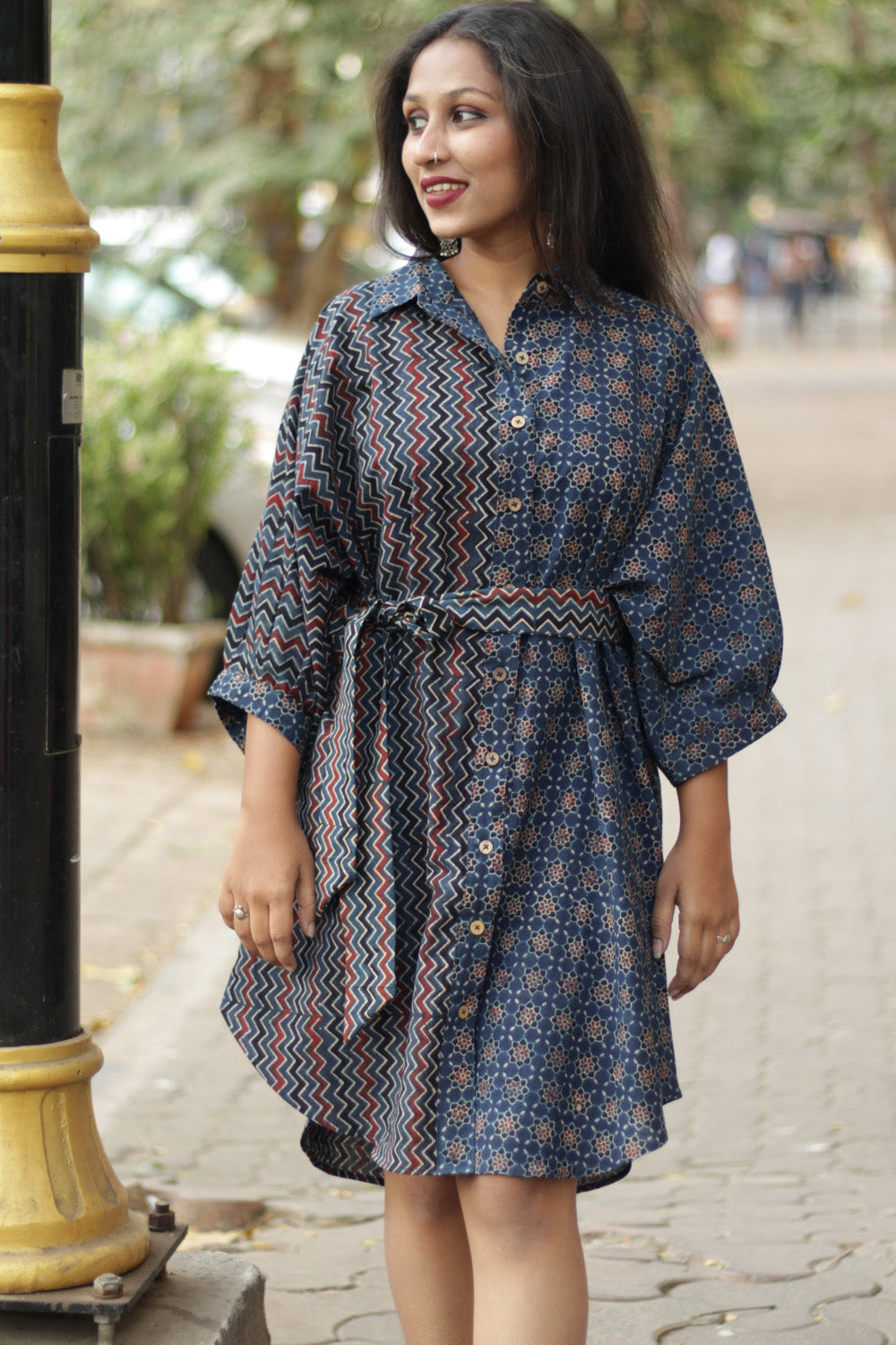 Dhaariyan | Maati | Belted Shirt Dress | Blue Trellis & Chevron Ajrakh
