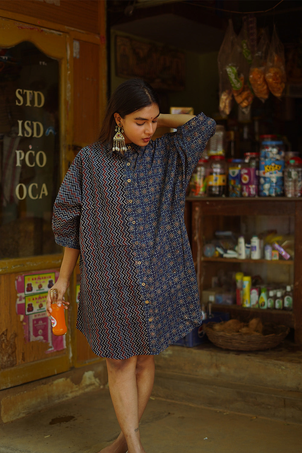 Dhaariyan | Maati | Belted Shirt Dress | Blue Trellis & Chevron Ajrakh