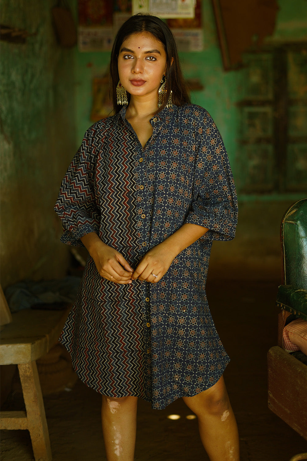 Dhaariyan | Maati | Belted Shirt Dress | Blue Trellis & Chevron Ajrakh