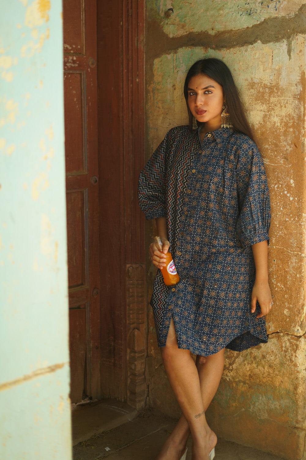 Dhaariyan | Maati | Belted Shirt Dress | Blue Trellis & Chevron Ajrakh