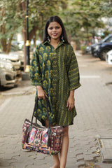 Maati | Shirt Dress | Green Floral & Chevron Ajrakh