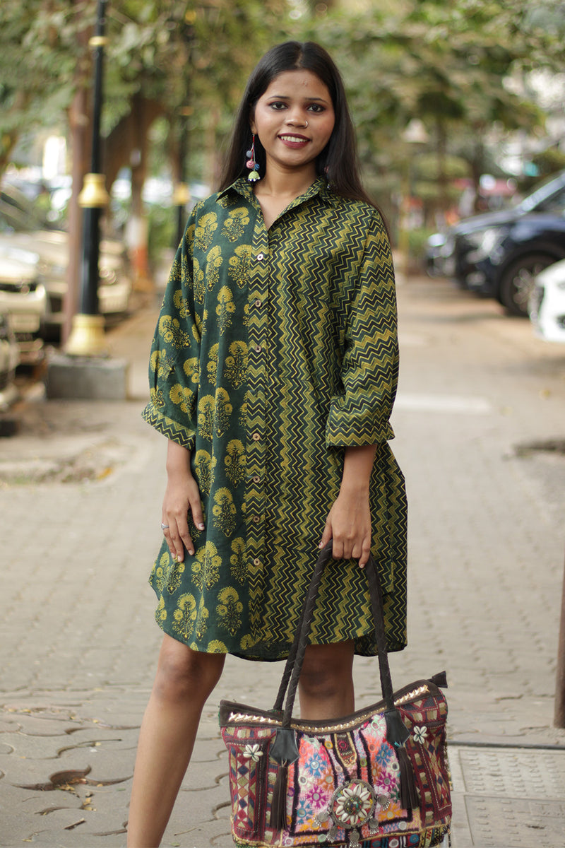 Maati | Shirt Dress | Green Floral & Chevron Ajrakh